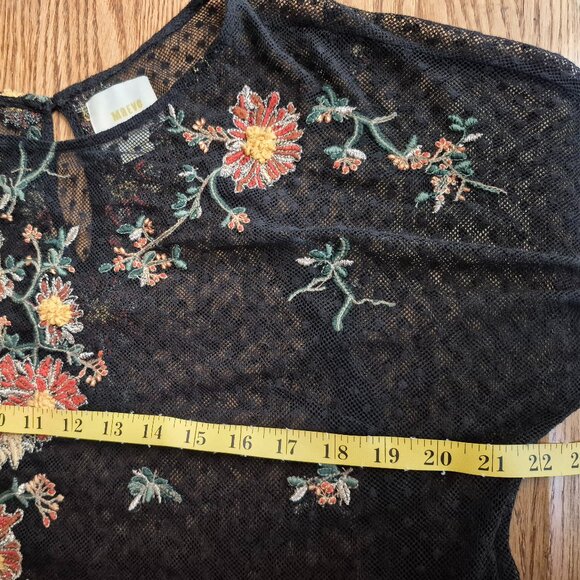 Anthro Maeve Floral Embroidered Black Mesh Sheer Blouse Top Romantic Whimsigoth - Picture 15 of 16